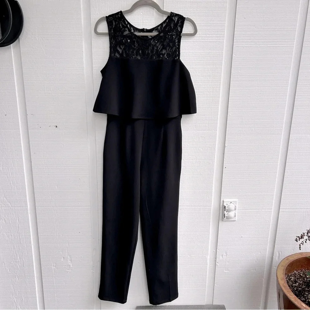 Women’s Alexa B Nites / Black Peplum One-Piece Lace & Sequin Detail Jumpsuit / 4